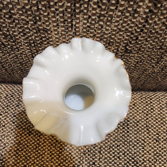 Elegant Ruffle Top Milk Glass White Vase with Green Leaf Design - Picture 6 of 7